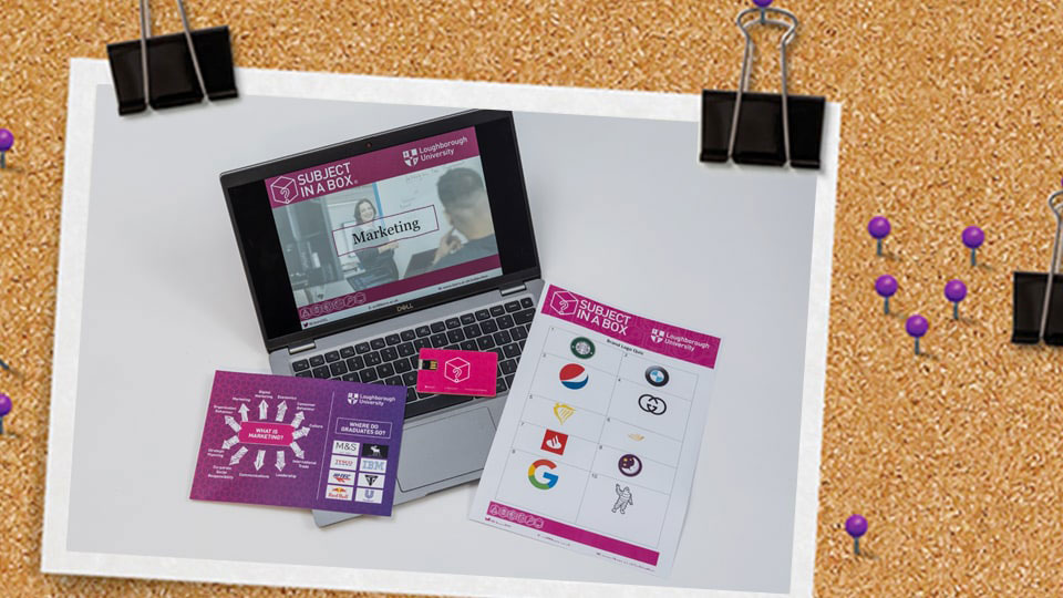 A picture of a laptop with a presentation about Marketing and a logo worksheet