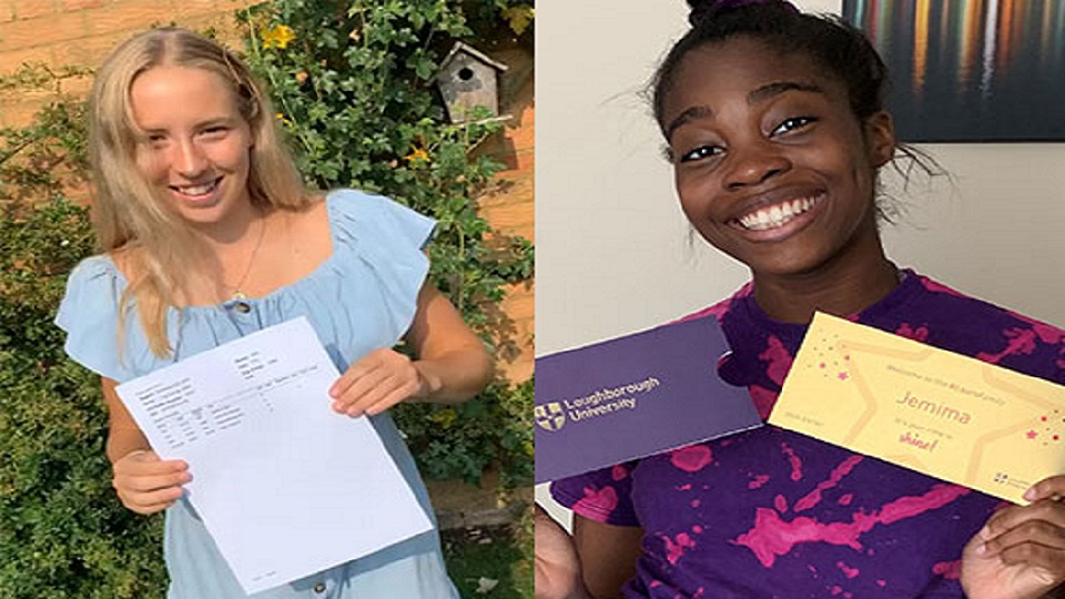Two images next to each other of Lilly holding a piece of paper with her results on it, and Jemima with her golden ticket sent from Loughborough University. 
