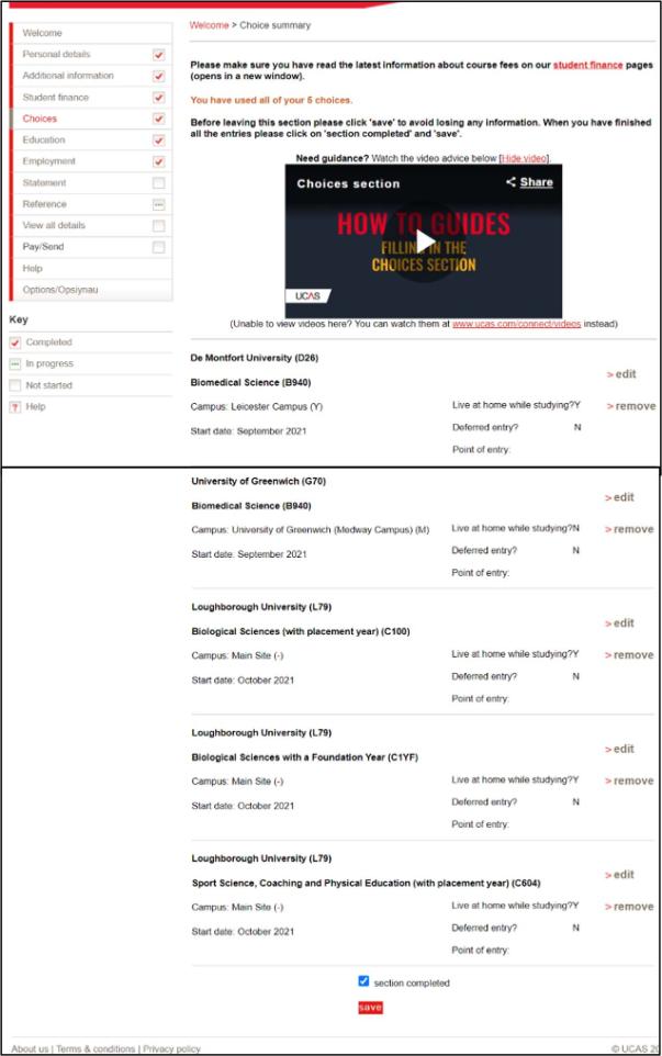 A screenshot from the UCAS online application which shows the summary of the choices that Saiyaf has chosen. 