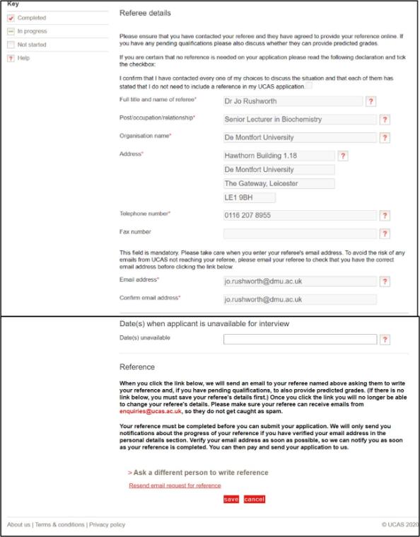 A screenshot from the UCAS online application which shows the referee details section. 