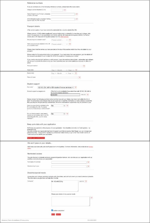 A screenshot from the UCAS online application showing more of the personal details section. 