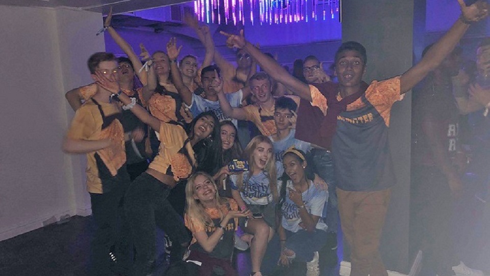 A group of freshers and fresher helpers on a night out in Loughborough's students union. 