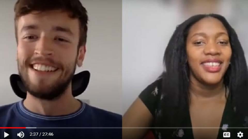 Screenshot of one of the For Real Podcast episodes showing Jack on the left and Nyasha on the right who are smiling as they chat about student life.