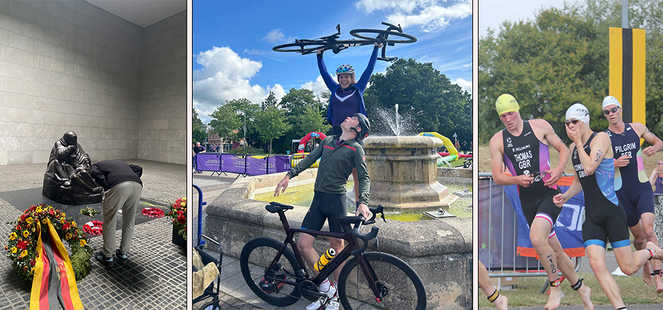 Rufus bowing in Berlin, stood with his bike at Loughborough’s fountain and running during a triathlon event
