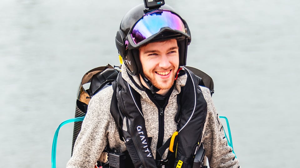 Sam Rogers wearing a jet suit