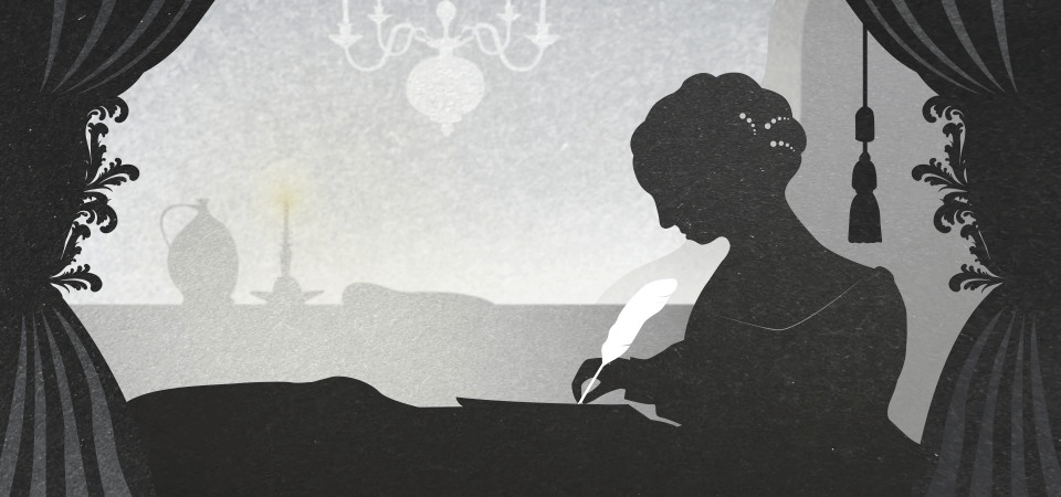 a black white and grey cartoon of a woman writing with a quill during the regency period