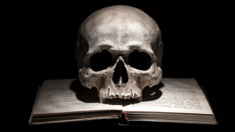 a human skull resting on an open book
