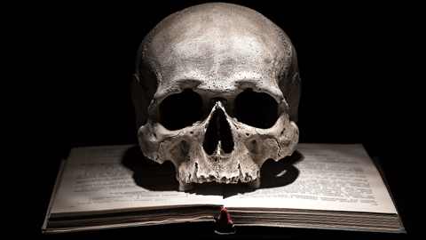 a human skull resting on an open book