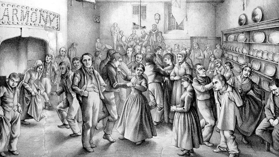 A Victorian monochrome line drawing of people socialising in a large kitchen