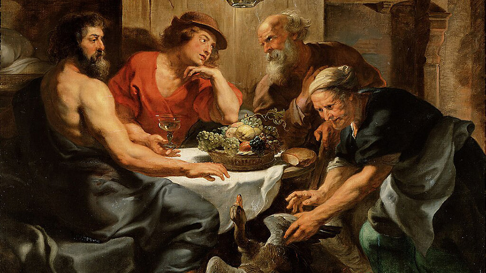 An oil painting depicting four people sitting around a table with a basket of fruit on it. In the foreground is a duck.