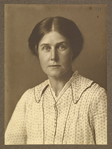 A sepia portrait of Harriet Shaw Weaver