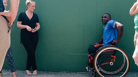 people outside talking