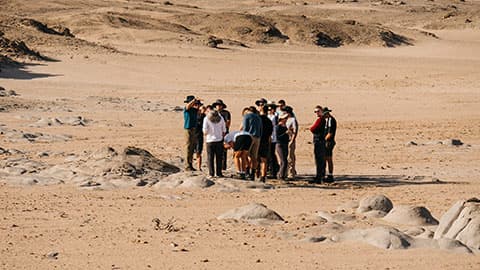 a group of people standing in a Namibian landscape