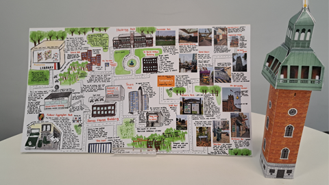 Map of Loughborough and statue of the Carillion