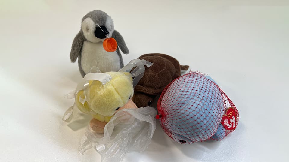 three toys, examples of plastic pollution