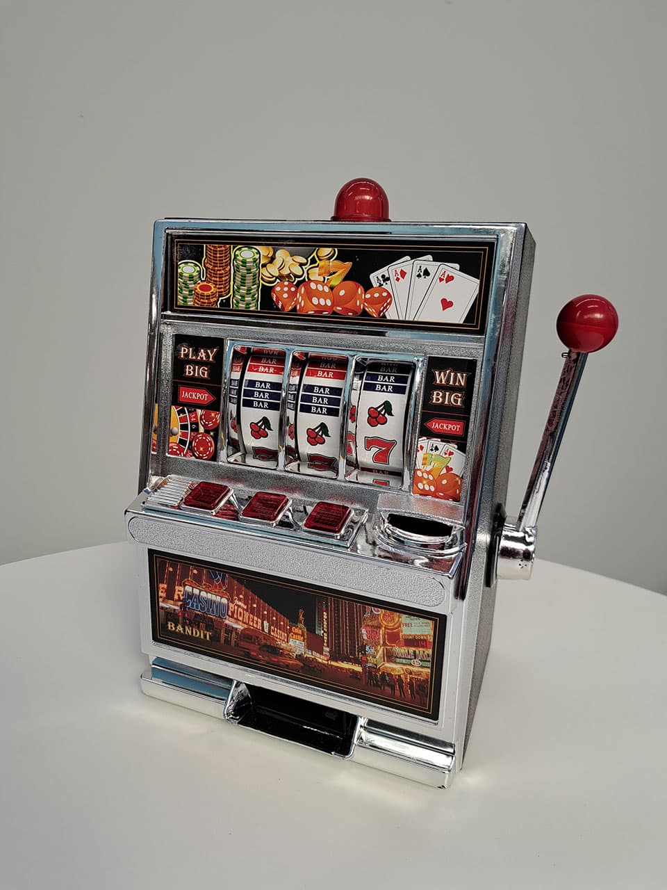 A brightly coloured vintage gambling machine