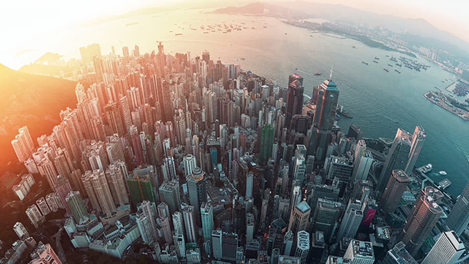 a view of city skyscrapers from above