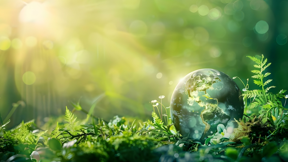 A green globe on the ground in the sunshine