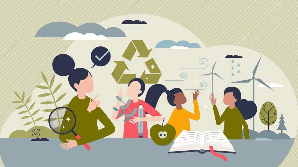 An illustration showing four people surrounded by a selection of environmental images - including wind turbines, recycling symbol