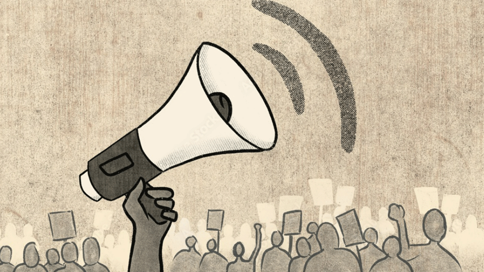 A beige cartoon showing a hand holding a megaphone