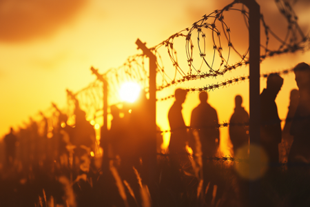 Silhouettes of people standing near barbed wire fence during sunset.
