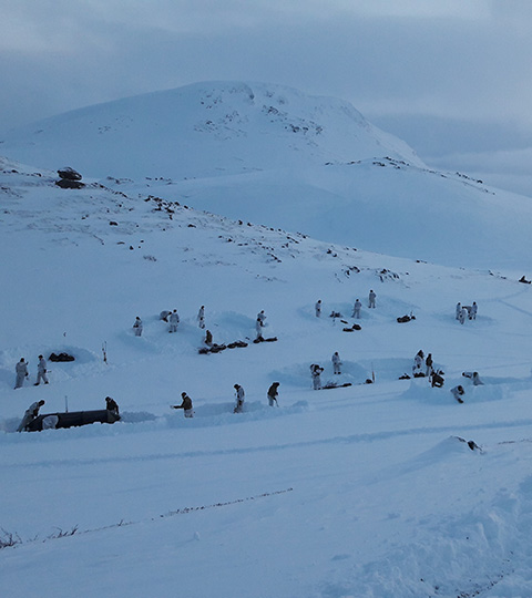 Arctic panorama with small human figures in the distance