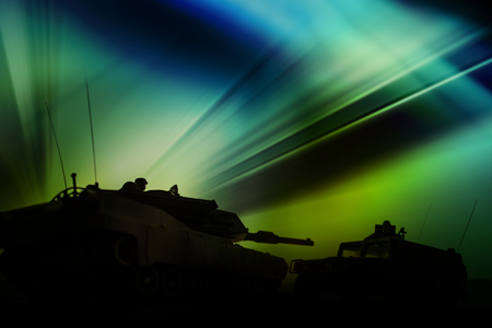 A tank with the northern lights in the background