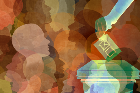 A graphic of heads in brown with a hanf posting in a letter box in blue