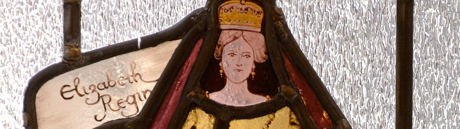 Stained glass closeup representing Queen Elizabeth II