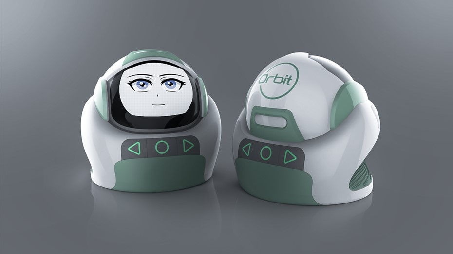 An image of Orbit, an interactive robot that aims to teach children with autism spectrum disorders (ASD) about emotions and social appropriateness through storytelling, physical interaction, and visual communication. It is dome shaped, and has a smiley face appearance on a screen. 
