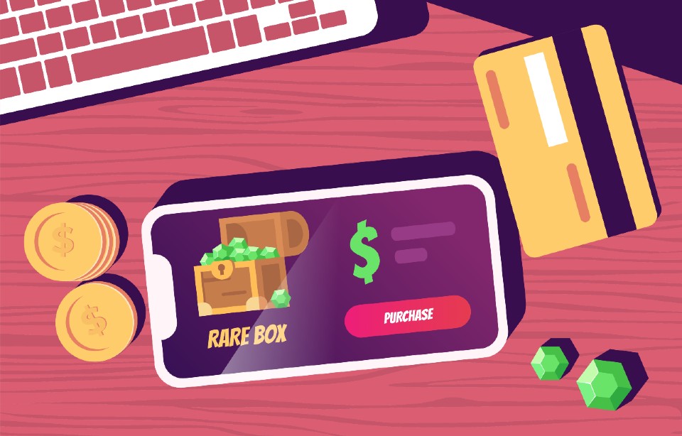 Image of a phone with a loot box on screen and cash next to the phone 
