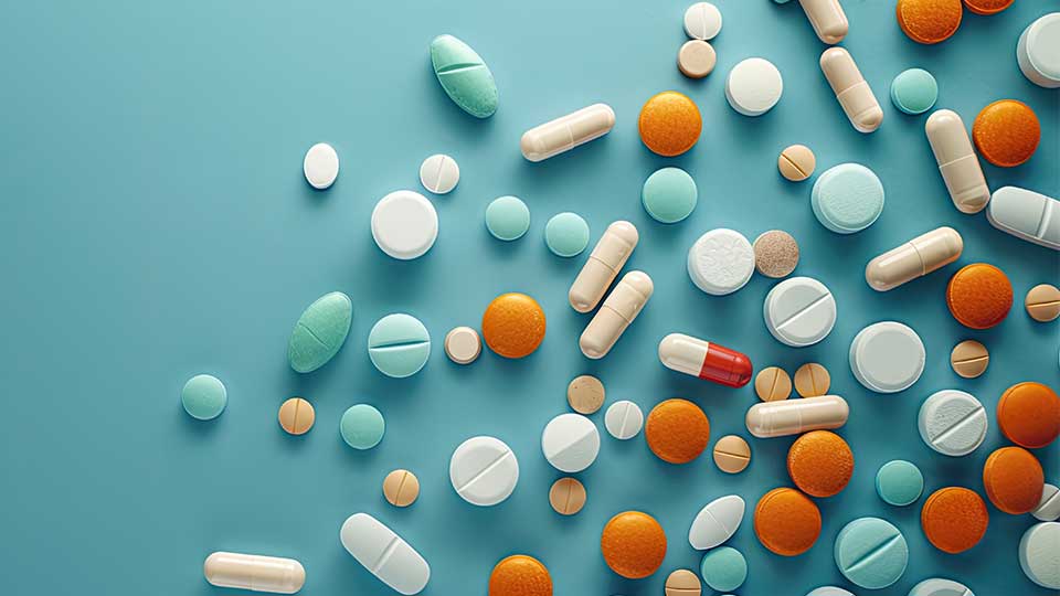 Various tablets, capsules and pills scattered over a turquoise table