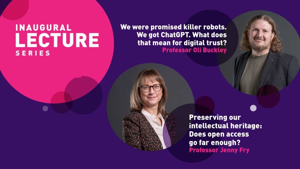 Two professor portraits in bubbles with text reading 'Inaugural Lecture Series' accompanied by lecture titles and professor names