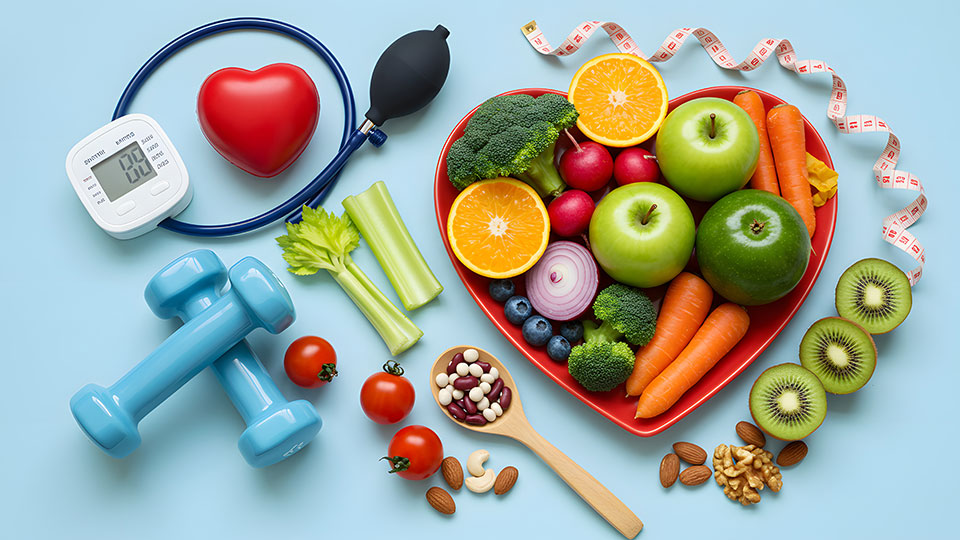 Fruit and vegetables scattered on a table and on a red heart shaped plate alongside a blood pressure monitor, a wooden spoon, a tape measure and 1kg weights