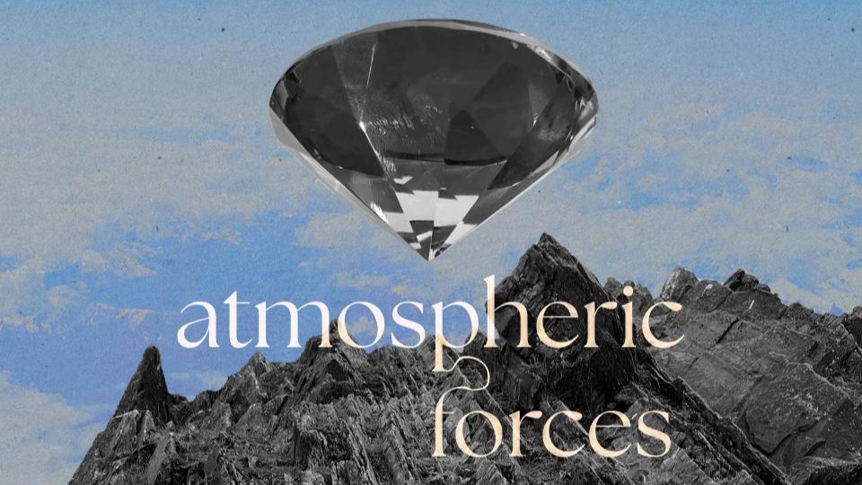 Graphic design featuring a large diamond above jagged mountain peaks with a blue sky background. Text reads ‘atmospheric forces’ in elegant serif font.
