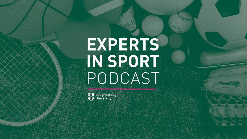 the experts in sport podcast typeface laid over a green background of sport equipment