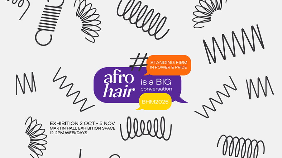 Some callout bubbles with the event details for the 'AFRO HAIR: IS a BIG conversation' exhibition. Various squiggly lines are placed around the callout bubbles