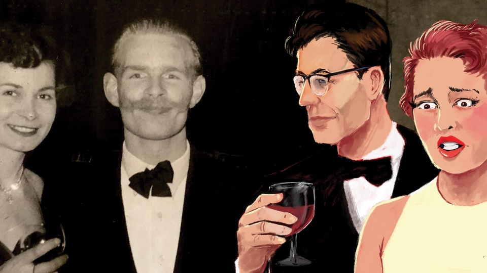 Two formally dressed partygoers photographed in black and white from the 50s on the left, with coloured cartoon versions of them looking at them on the right