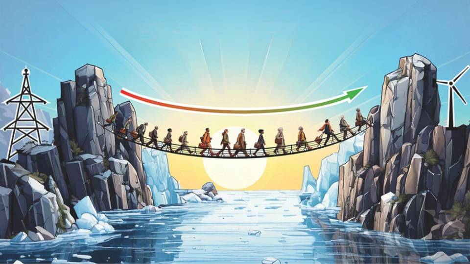 People crossing a rope bridge between cliffs over icy water, with power lines, a wind turbine, and sunrise in background.