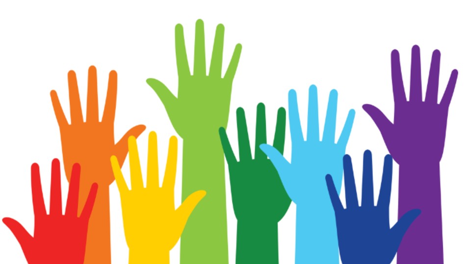 A white background with a row of multi-coloured hands reaching up.