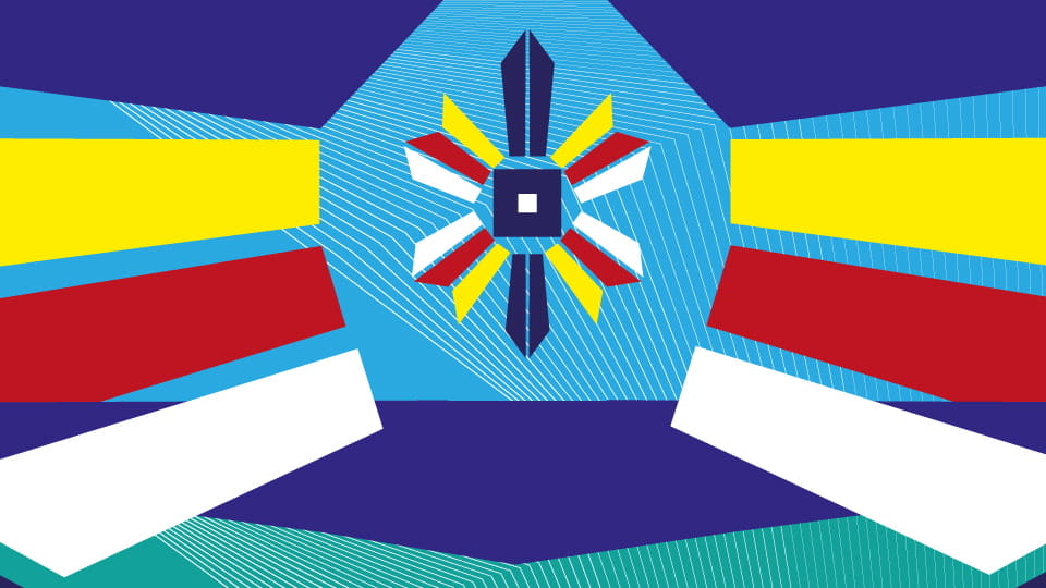 A geometric cross like shape in blue, red, white and yellow colours, on a pale blue background with blue, yellow and red horizontal strips coming from the left and right side of the cross.