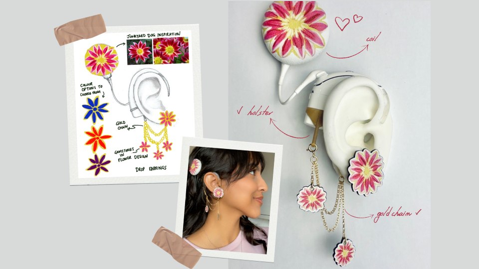 A sketch of her Gargi's jewellery design and a photo of her wearing the jewellery.