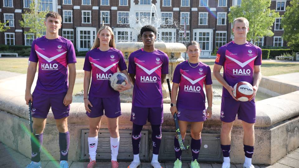 student athletes in new halo branded shirts