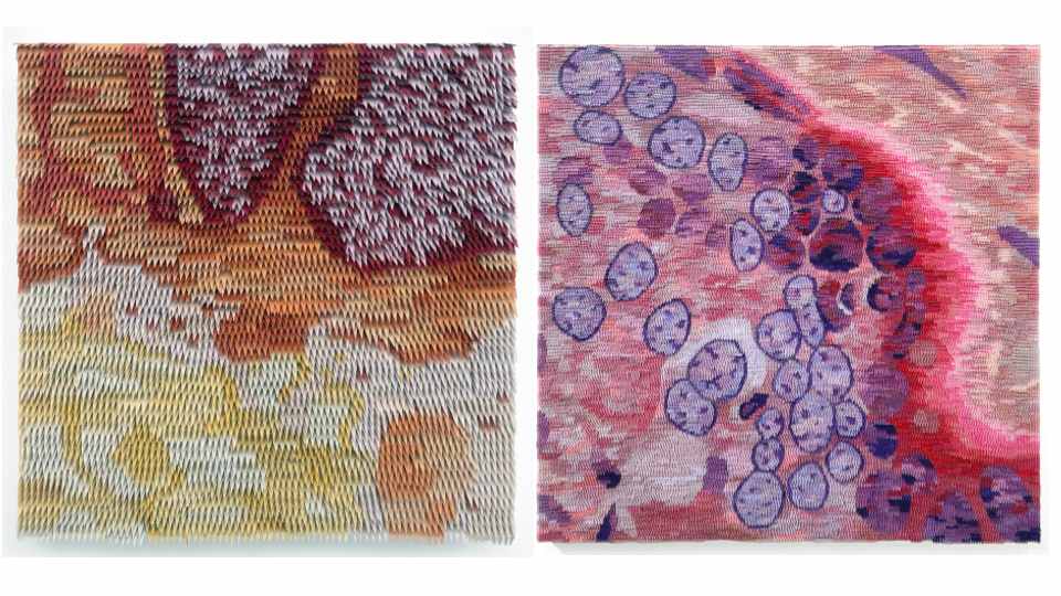 Close-up of two intricate paper collages.