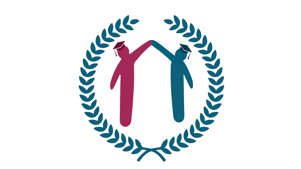 Pink and blue figures stood with hands lifted together wearing graduation caps, with a blue border surrounding them