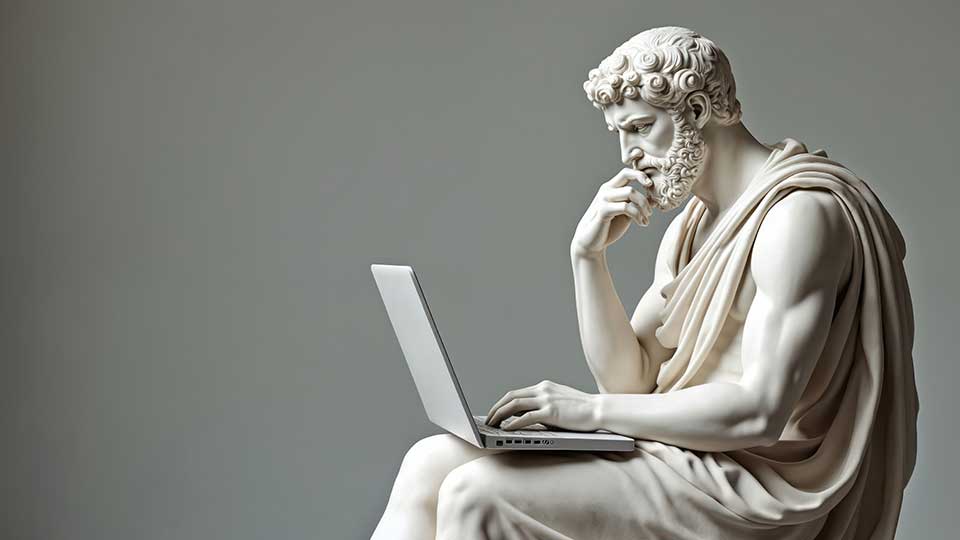 A marble statue looking at a laptop