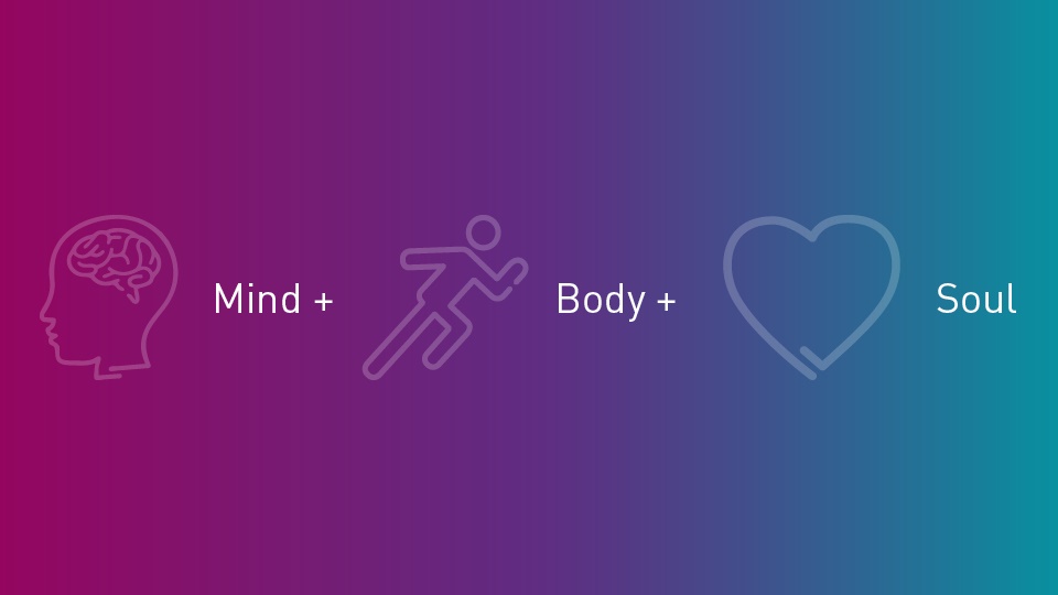 Icons representing the mind, body and soul with labels next to them on a pink-blue gradient
