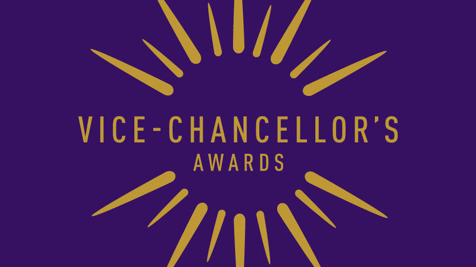 Purple background with gold rays surrounding gold text which says 'Vice-Chancellor's Awards'