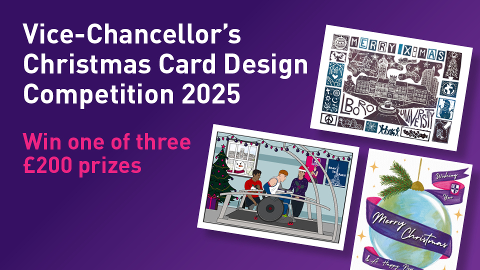A purple background with text 'Vice Chancellor's Christmas Card Design Competition 2025' with three card examples