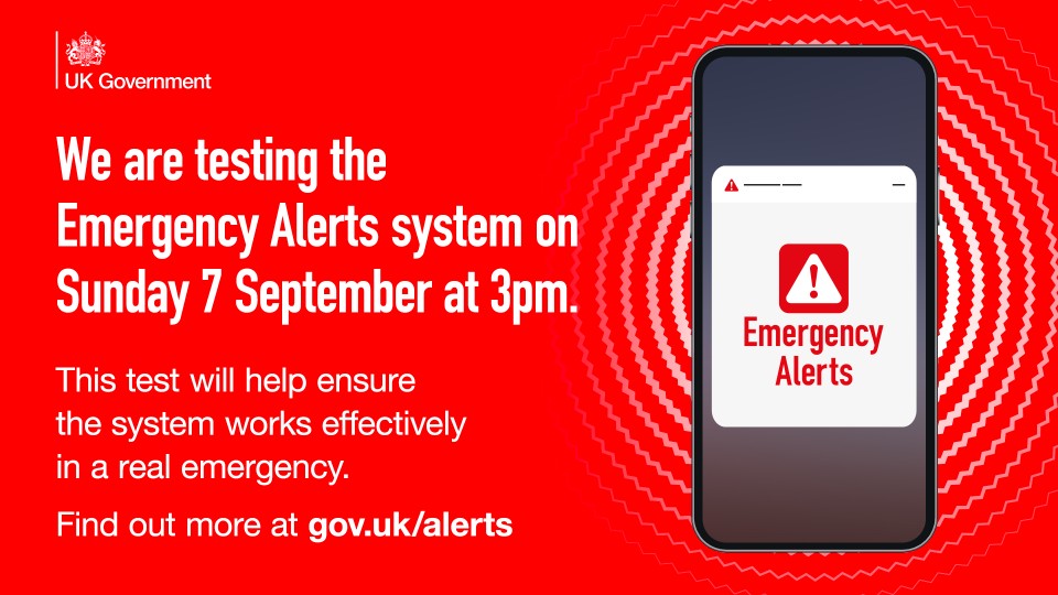 An emergency alert poster from the UK Government. It pictures a phone with an emergency alert on the screen. It has a red background and white text 'We are testing the Emergency Alerts System on Sunday 7 September at 3pm.'